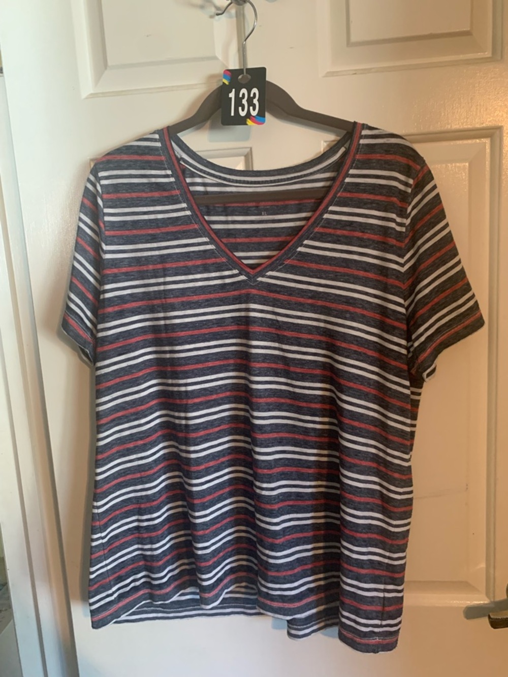 Lucky Brand Striped V-Neck Tee in Navy, White & Red